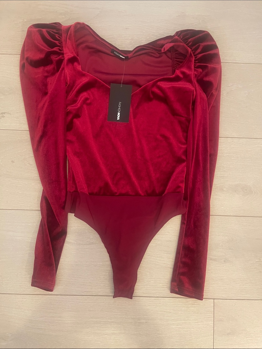 Fashion Nova Burgundy Velvet Puff-Sleeve Bodysuit